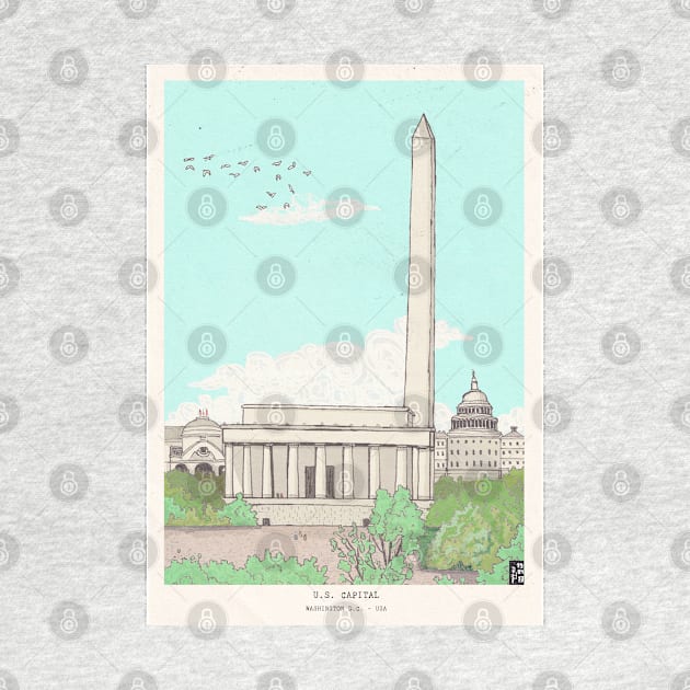 Washington DC USA Capital Landmarks Illustration by Wall-Art-Sketch